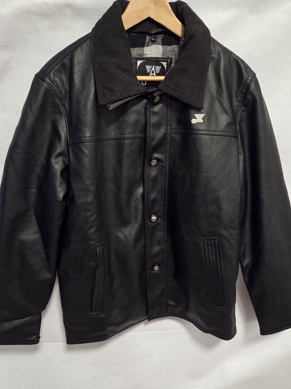Milano Men's Black Leather Jacket with Corduroy Collar
